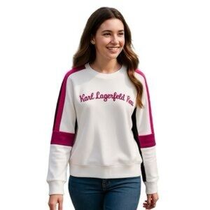 Karl Lagerfeld Paris Large White Logo Crewneck Pink Stripe Sweatshirt